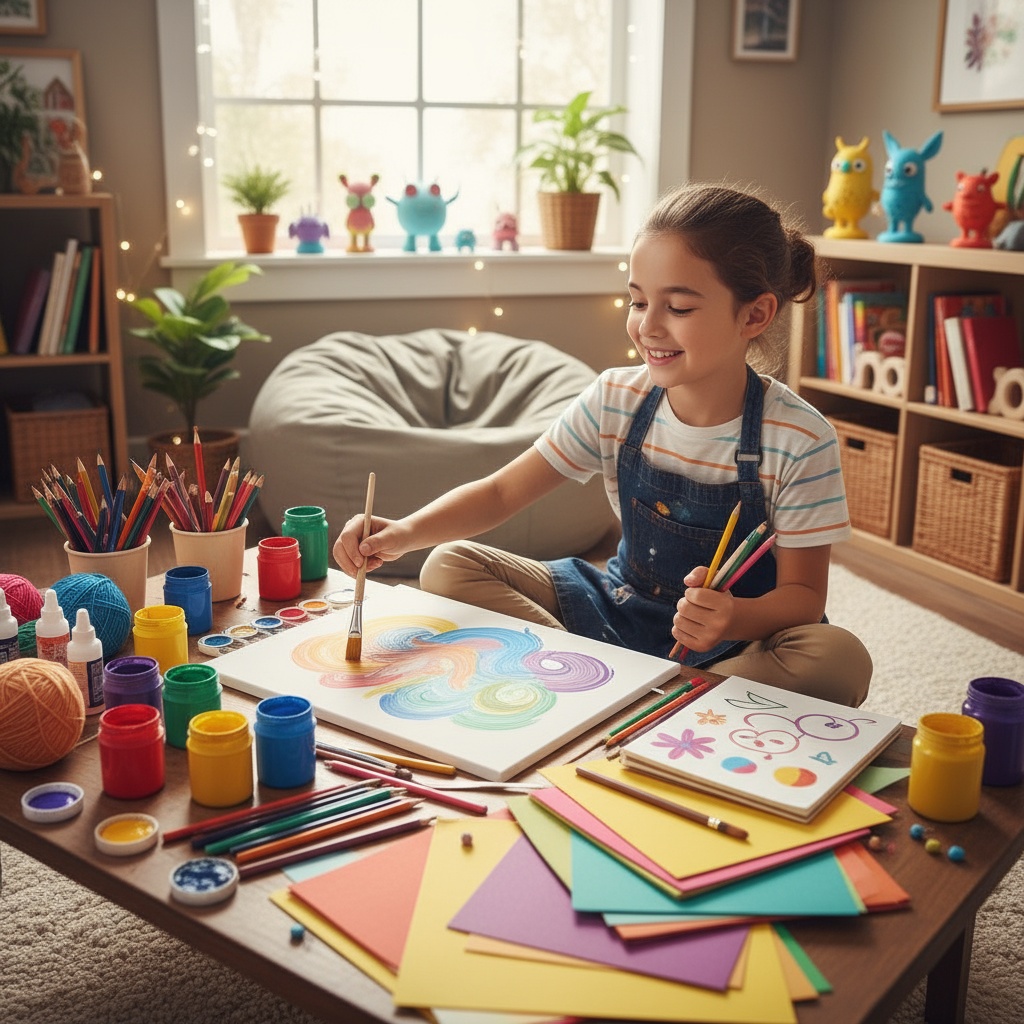 Neurodiverse child engaged in creative painting activity at home during half term break