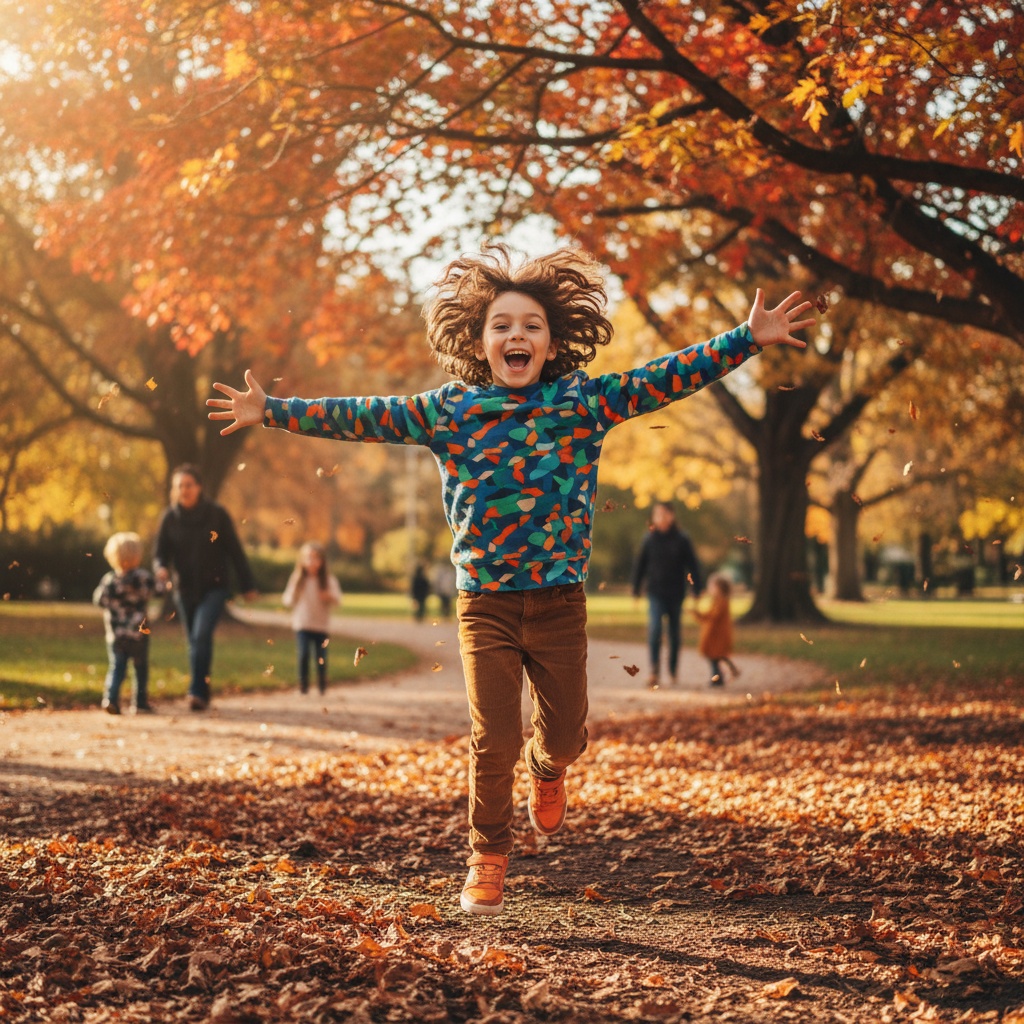 ADHD child playing actively outdoors in park during half term, supporting sensory regulation and physical wellbeing