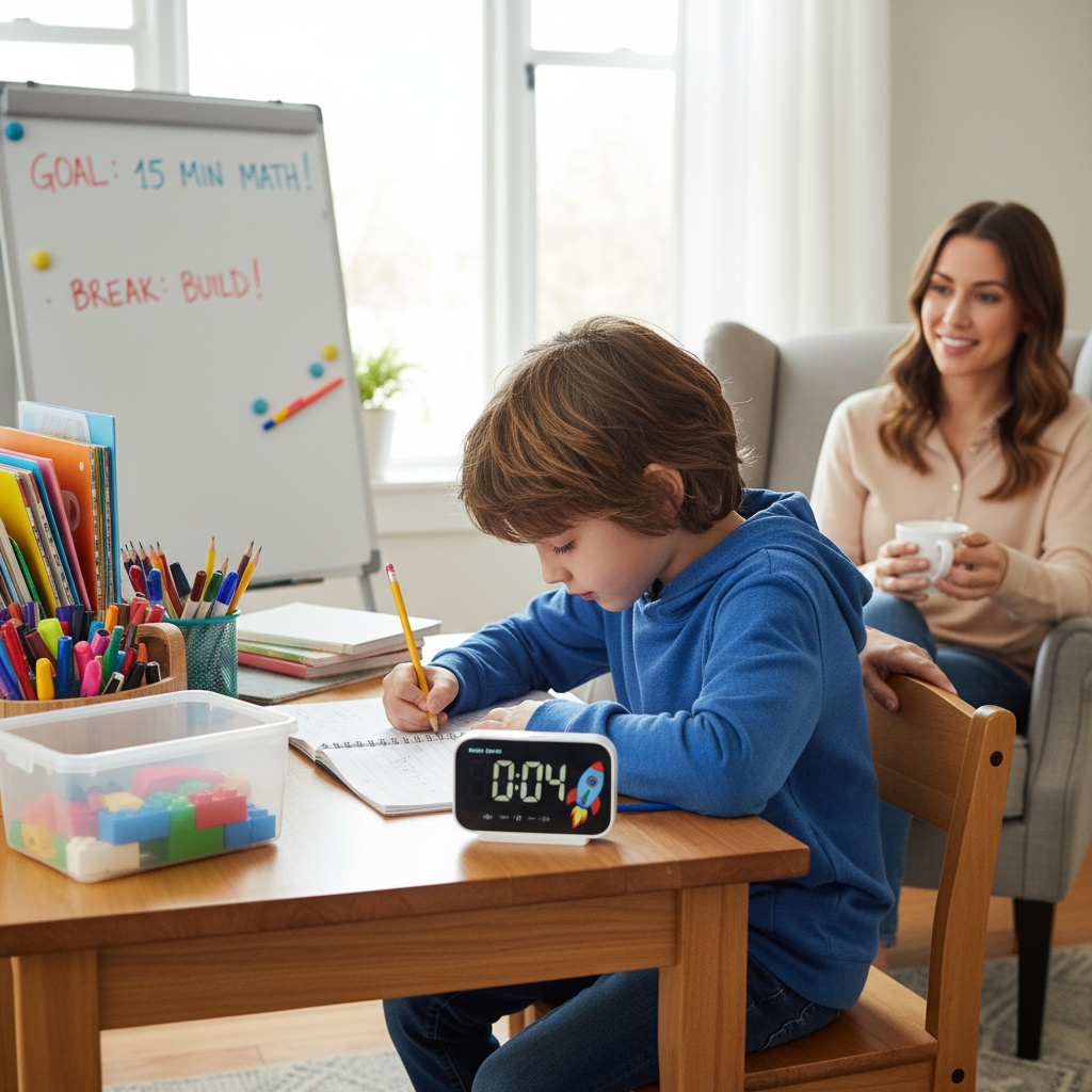 ADHD child completing homework in focused short bursts with timer and parent support during half term