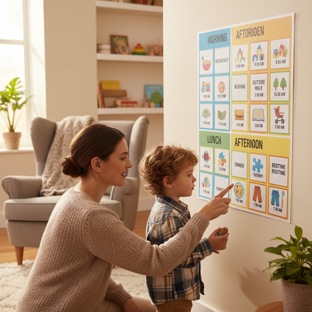 Parent and autistic child reviewing visual daily schedule together during half term break